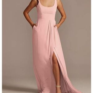 David's Bridal Blush Pink Scoop-Neck Maxi Dress with Side Slit